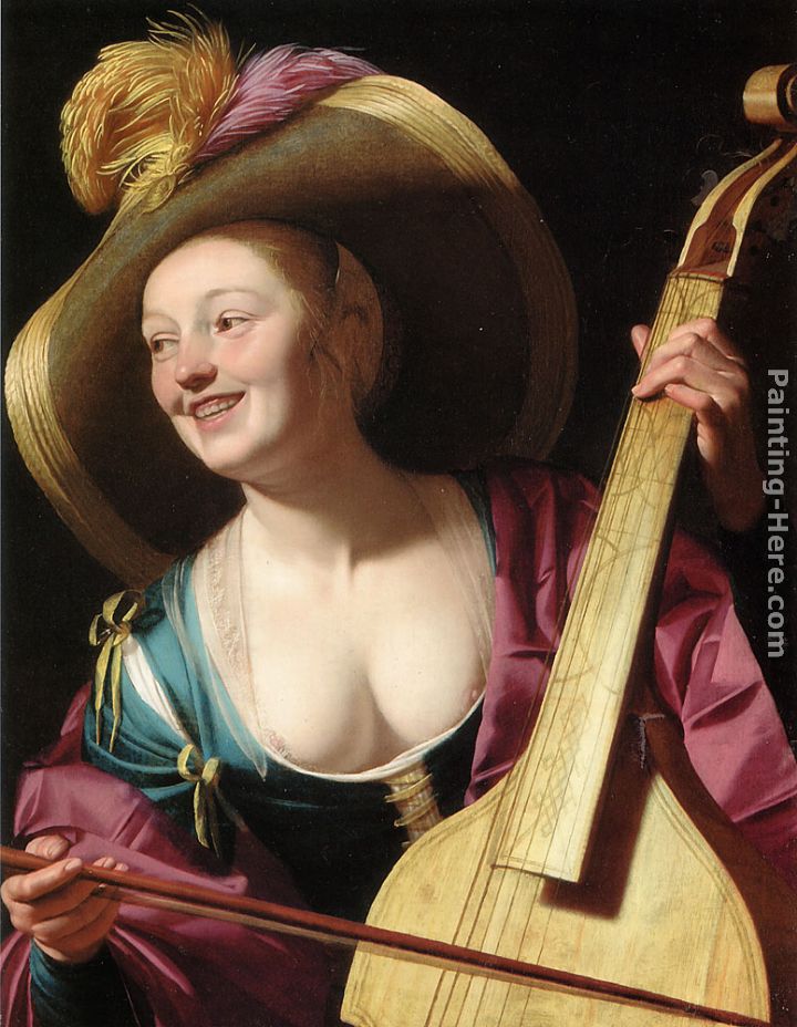 A young woman playing a viola da gamba painting - Gerrit van Honthorst A young woman playing a viola da gamba art painting